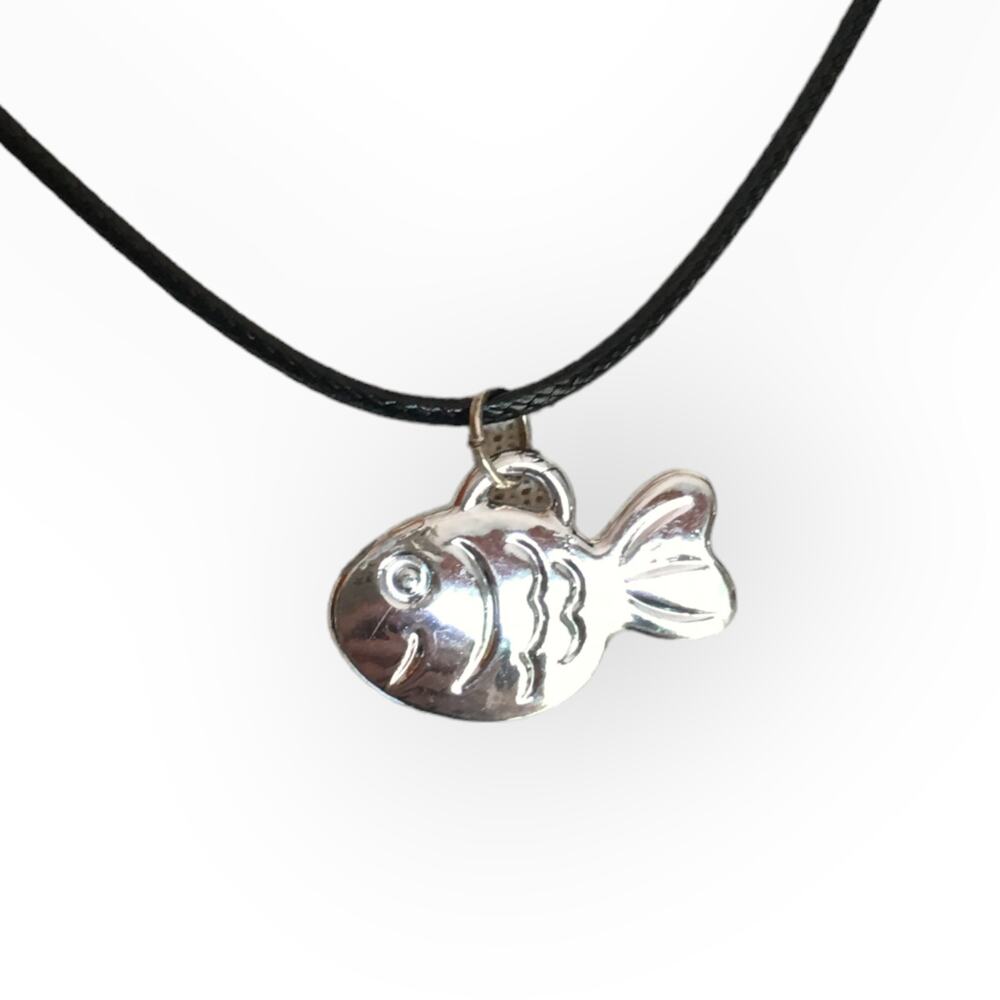 Bright silver tone fish pendant black cord necklace